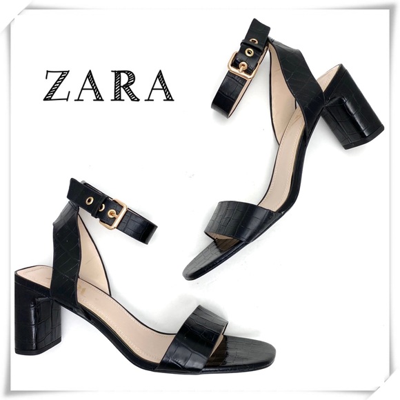 Zara Croco Ankle Strap Block Heel Sandals Black